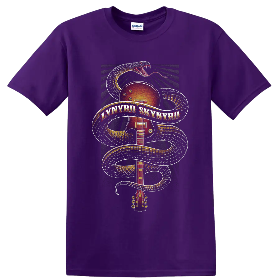 Lynyrd Skynyrd snake-wrapped sunburst guitar in vintage rock poster style on a Purple T Shirt