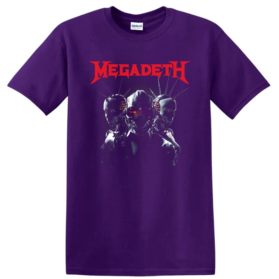 Megadeth logo above Vic Rattlehead cyberpunk robot trio graphic on a Purple T Shirt
