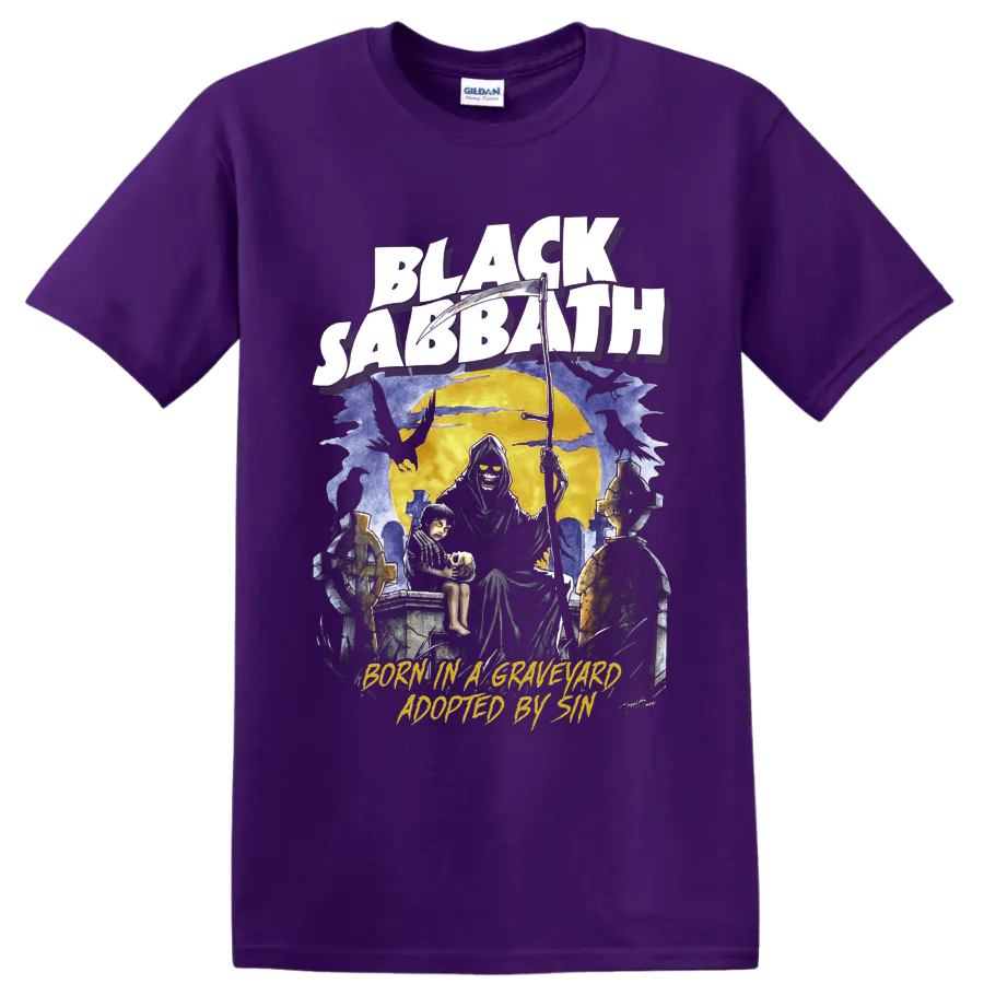 Black Sabbath Grim Reaper graveyard graphic with Born in a Graveyard Adopted by Sin text on a Purple T Shirt