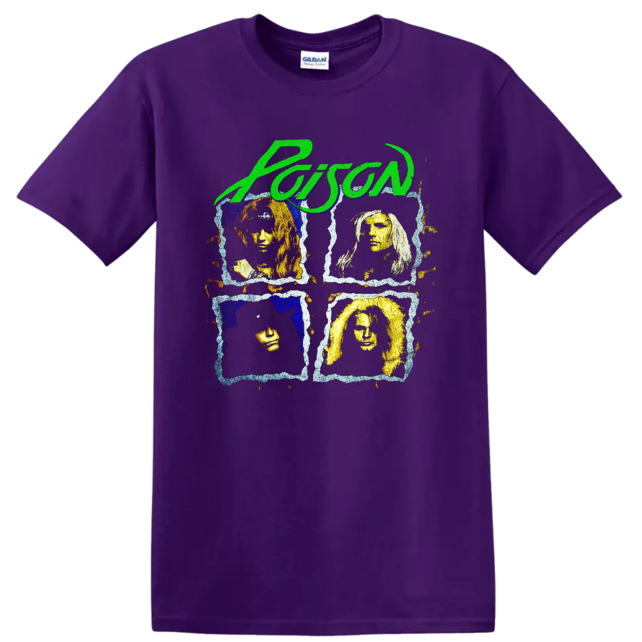 Poison green script above four distressed rock band portrait panels on a Purple T Shirt