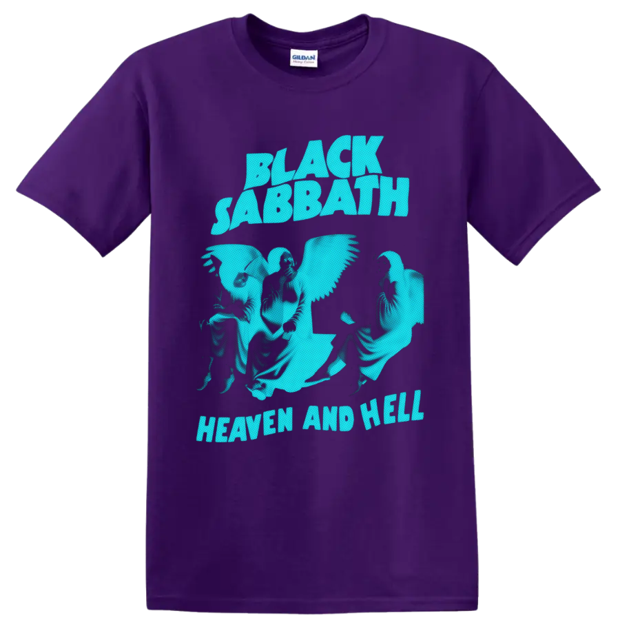 Black Sabbath Heaven and Hell aqua graphic with winged figures and bold lettering on a Purple T Shirt