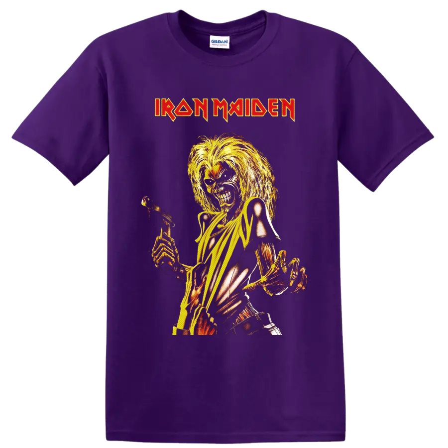 Iron Maiden Killers Eddie the Head skeleton with axe in fiery vintage metal art on a Purple T Shirt