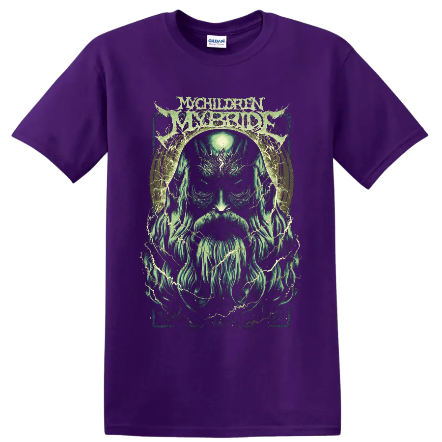 MyChildren MyBride logo above a spectral bearded portrait with lightning on a Purple T Shirt