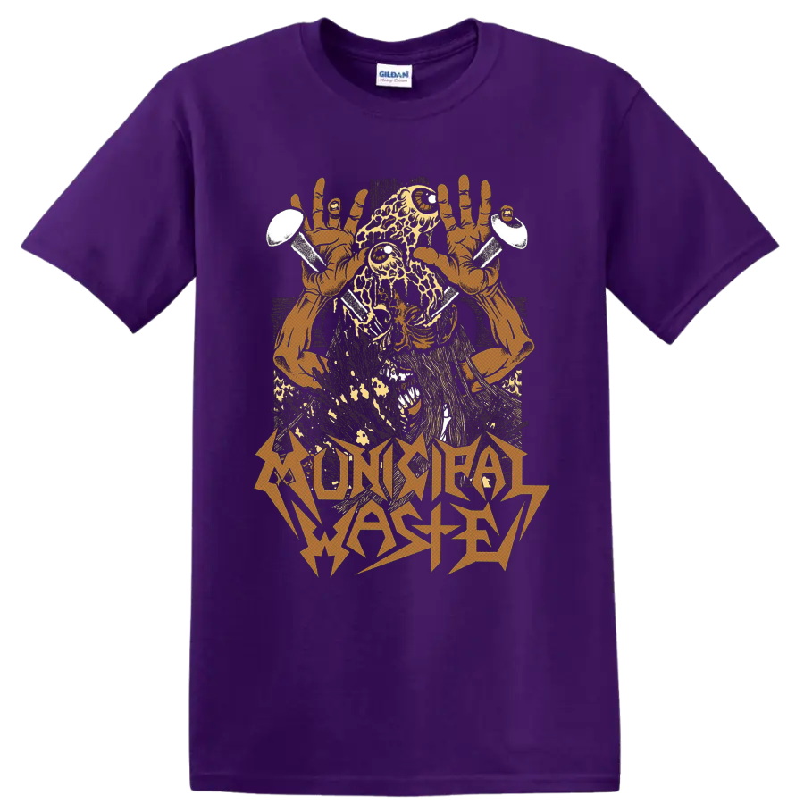 Municipal Waste decayed monster with raised hands, nails, and jagged band lettering on a Purple T Shirt