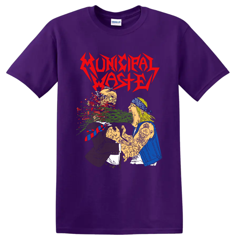 Municipal Waste jagged logo over grotesque cartoon punk horror artwork on a Purple T Shirt