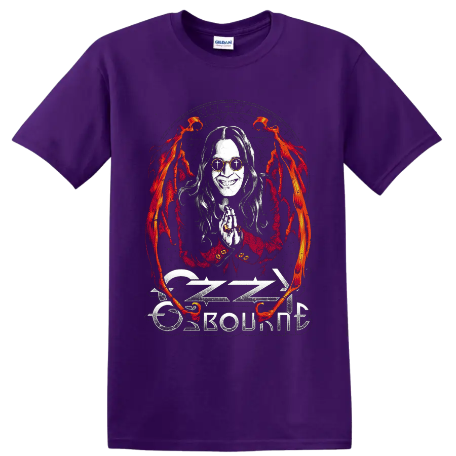 Ozzy Osbourne gothic portrait with flames, clasped hands, and distressed logo on a Purple T Shirt