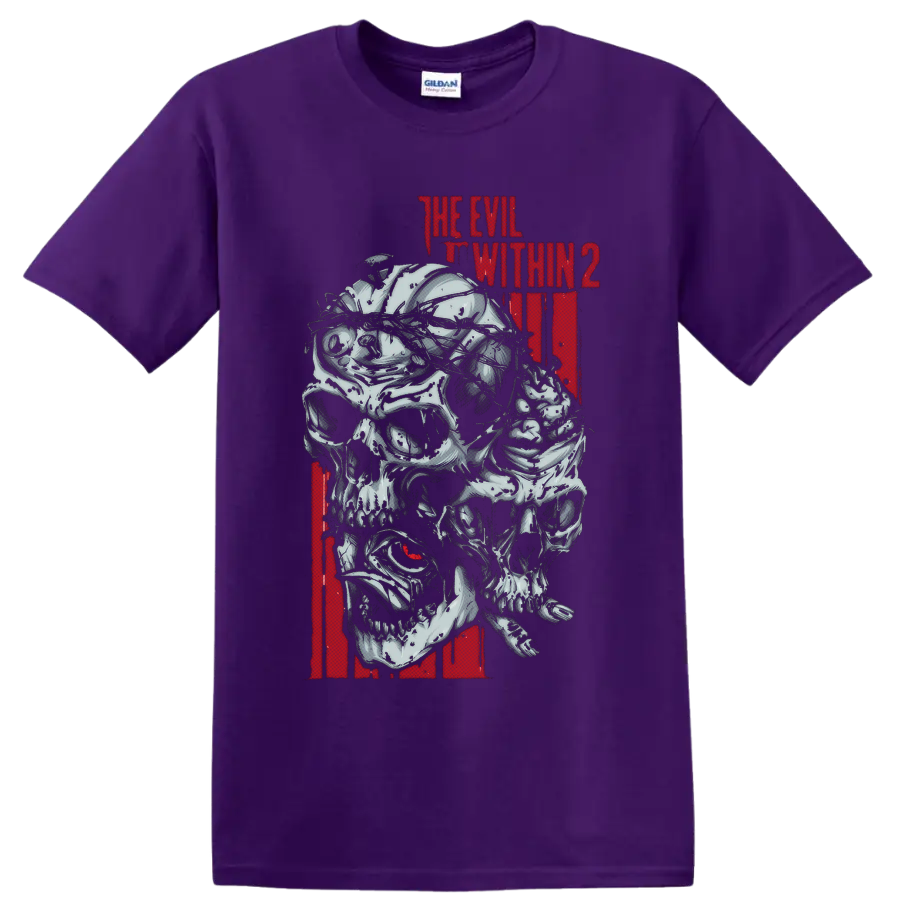 The Evil Within 2 distressed red title above layered gothic skull creature art on a Purple T Shirt