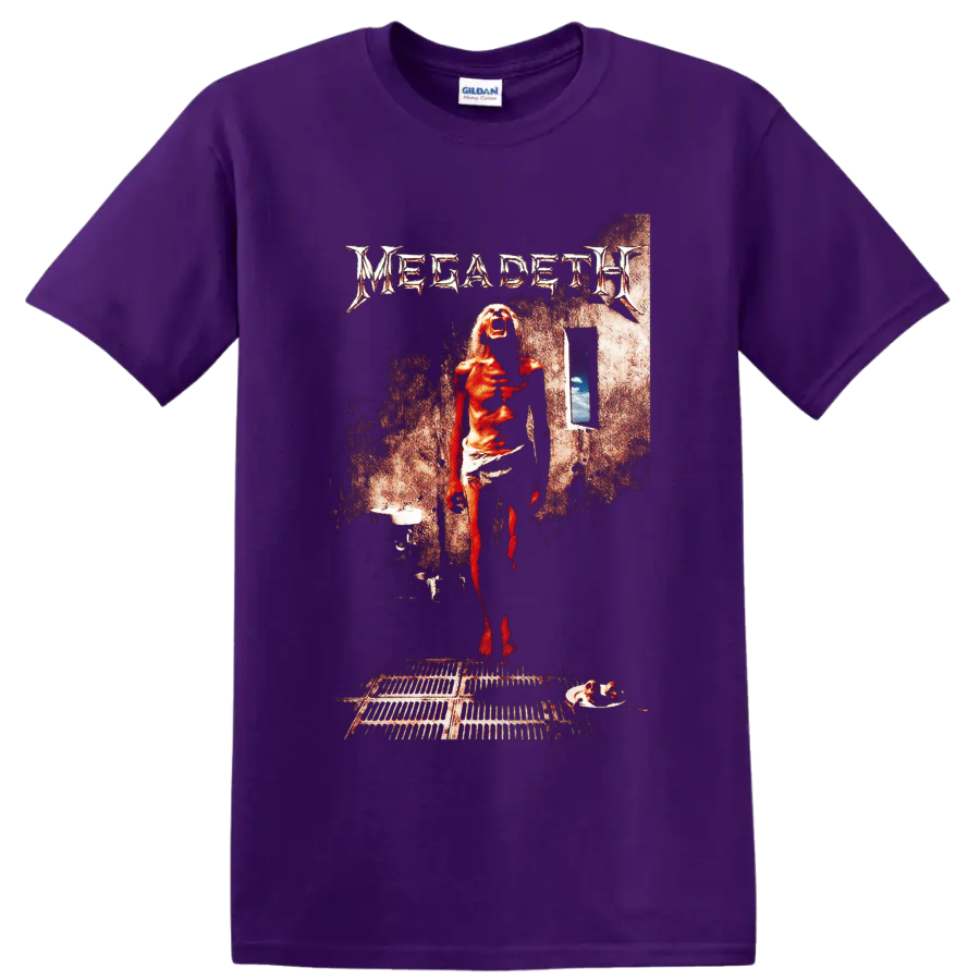 Megadeth Countdown to Extinction distressed album-art scene with red figure on a Purple T Shirt