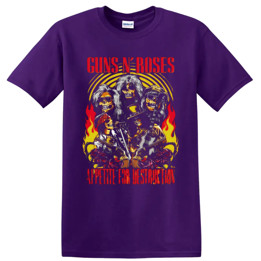 Guns N' Roses Appetite for Destruction skeletal band art with flames and roses on a Purple T Shirt