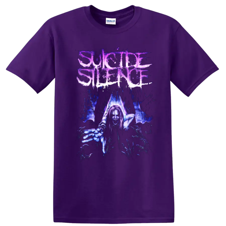 Suicide Silence distressed logo above a reaching gothic horror figure in blue and purple on a Purple T Shirt
