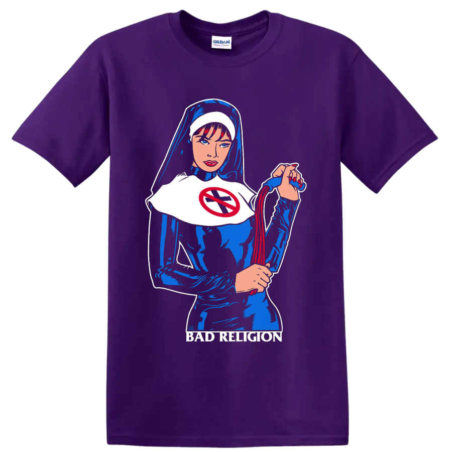 Bad Religion comic-style nun graphic with red no-cross emblem and blue-black artwork on a Purple T Shirt
