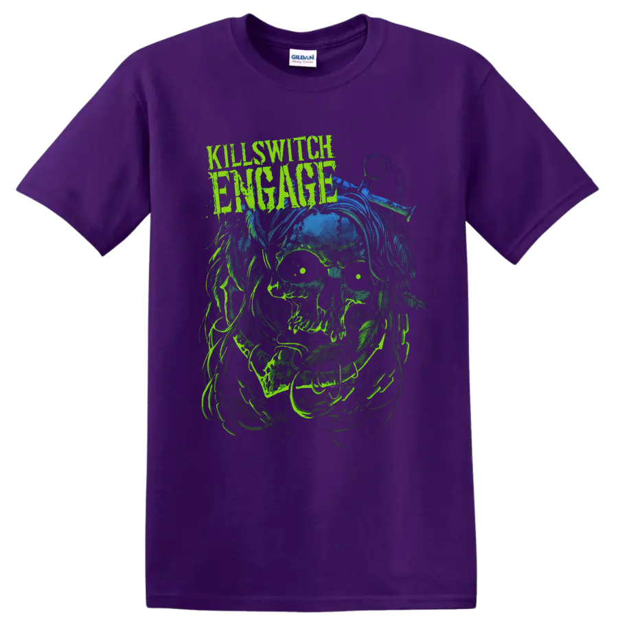 Killswitch Engage distressed logo above neon-green zombie skull horror artwork on a Purple T Shirt