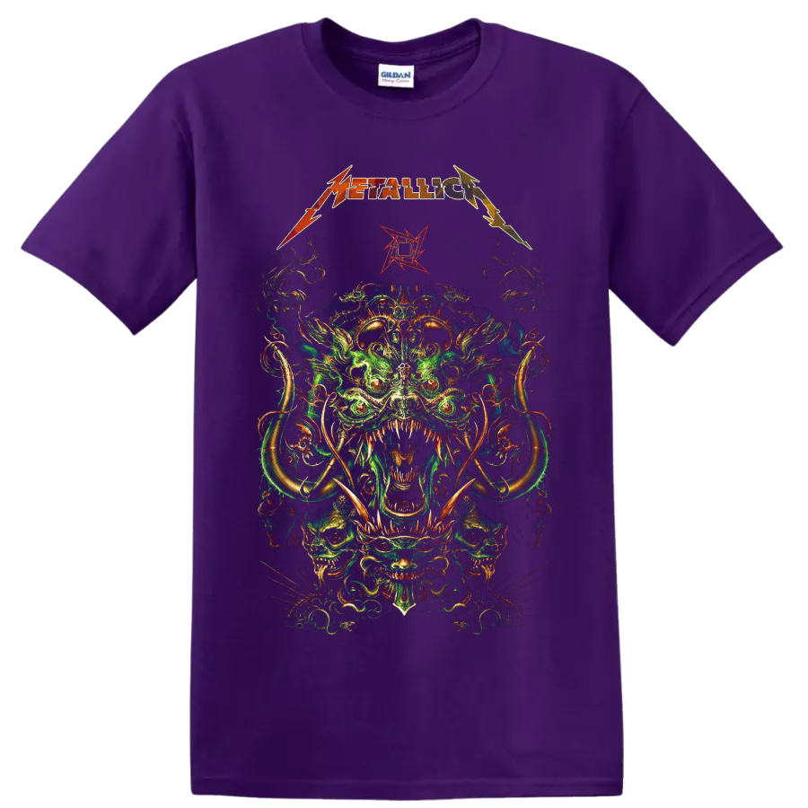 Metallica logo above psychedelic horned creature and skull artwork on a Purple T Shirt