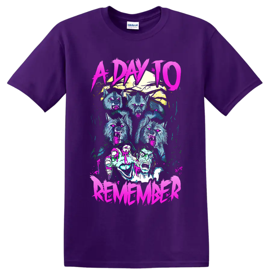A Day to Remember neon horror graphic with snarling wolves and an undead figure on a Purple T Shirt
