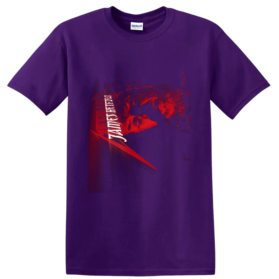 James Hetfield Metallica distressed red and black portrait graphic with vertical band on a Purple T Shirt