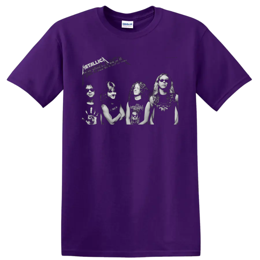 Metallica band photo graphic with Kirk Hammett and lightning-style logo on a Purple T Shirt