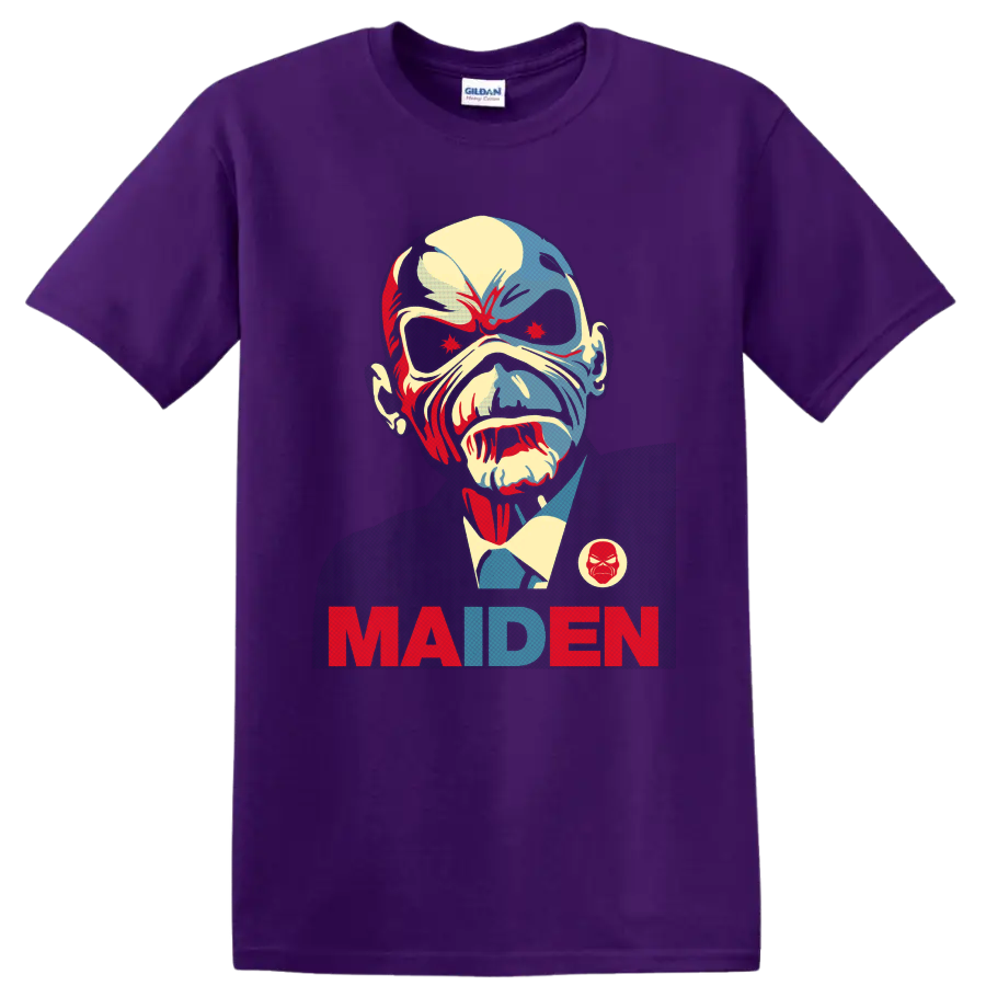 Iron Maiden Eddie the Head portrait in vintage heavy metal poster style with MAIDEN text on a Purple T Shirt