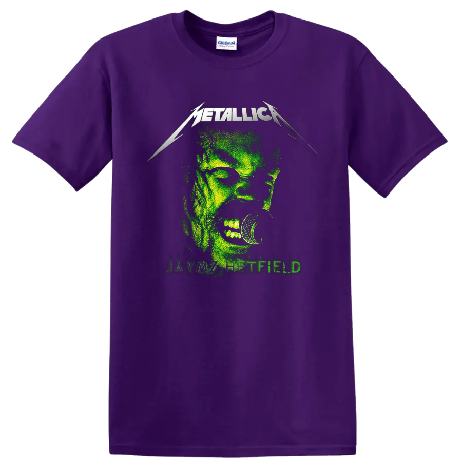 Metallica James Hetfield distressed green microphone portrait with band logo on a Purple T Shirt