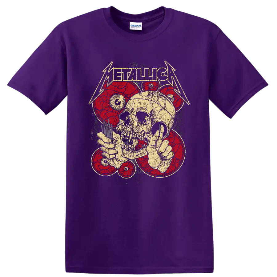 Metallica logo above distressed skull and skeletal hands with red circular graphics on a Purple T Shirt