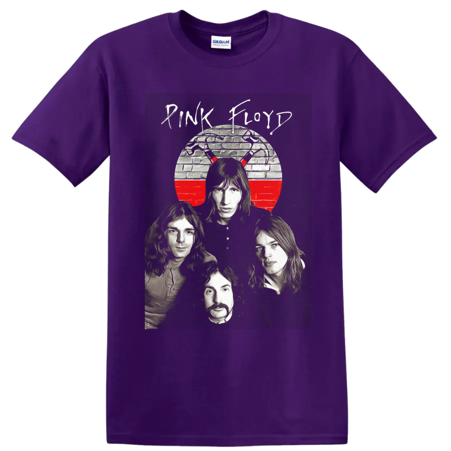 Pink Floyd The Wall band portrait with brick wall circle and red accent on a Purple T Shirt