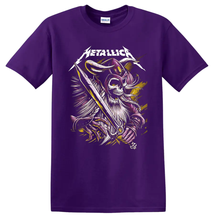 Metallica logo above a horned skeleton warrior with sword and lightning graphic on a Purple T Shirt