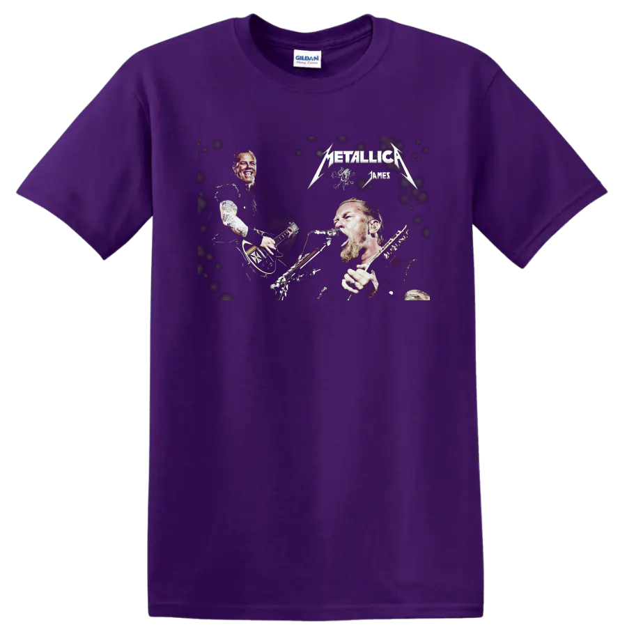 James Hetfield Metallica live-performance graphic with guitar, microphone, and band logos on a Purple T Shirt