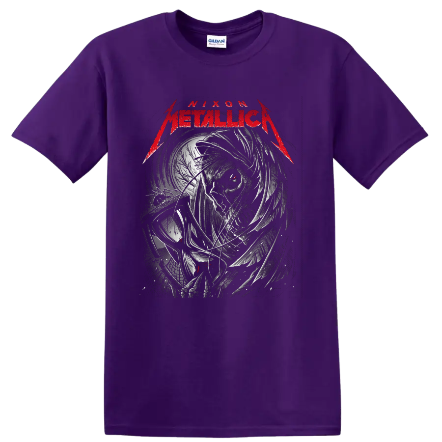 Metallica Nixon Father Time portrait with distressed clockwork art and red accents on a Purple T Shirt