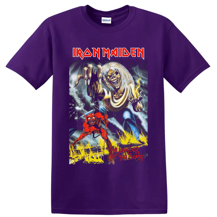 Painted Iron Maiden Eddie the Head with devil puppet, lightning, and flames on a Purple T Shirt