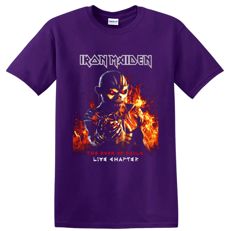 Iron Maiden Eddie in fiery skeletal artwork with The Book of Souls Live Chapter text on a Purple T Shirt