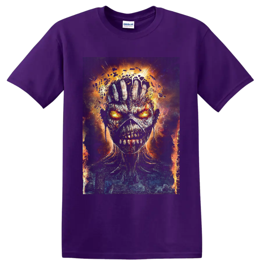 Eddie the Head fiery skull portrait with glowing eyes and cosmic embers on a Purple T Shirt