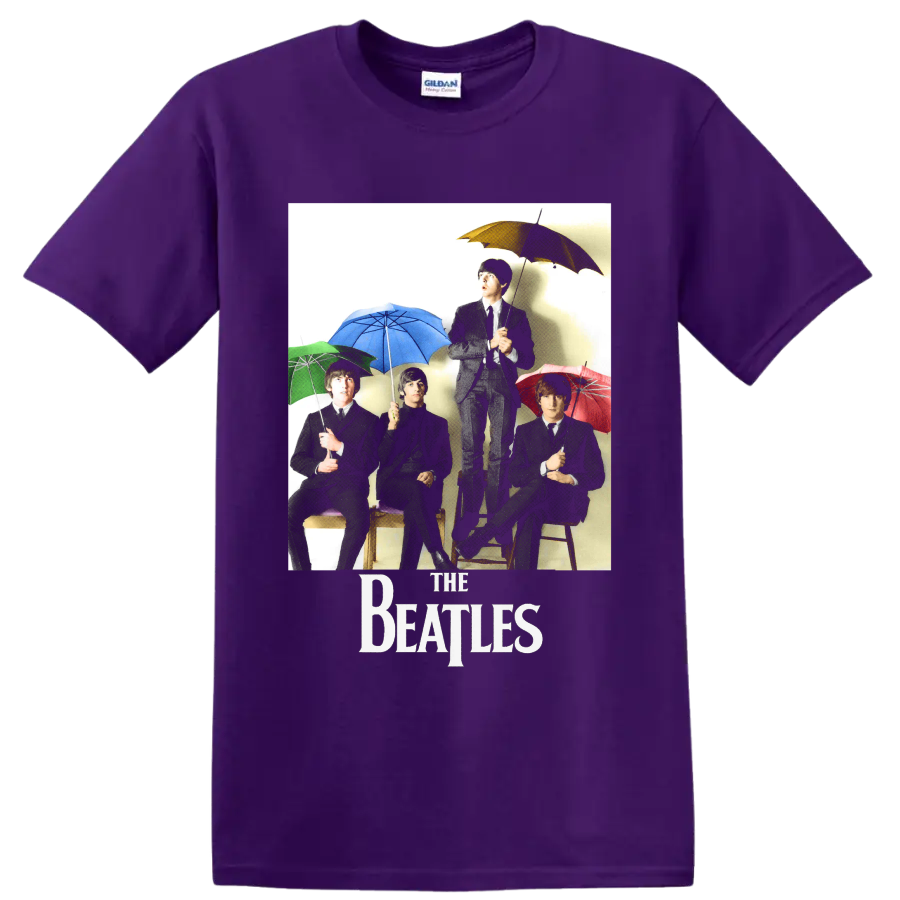 The Beatles vintage-style band portrait with colorful umbrellas and The Beatles logo on a Purple T Shirt