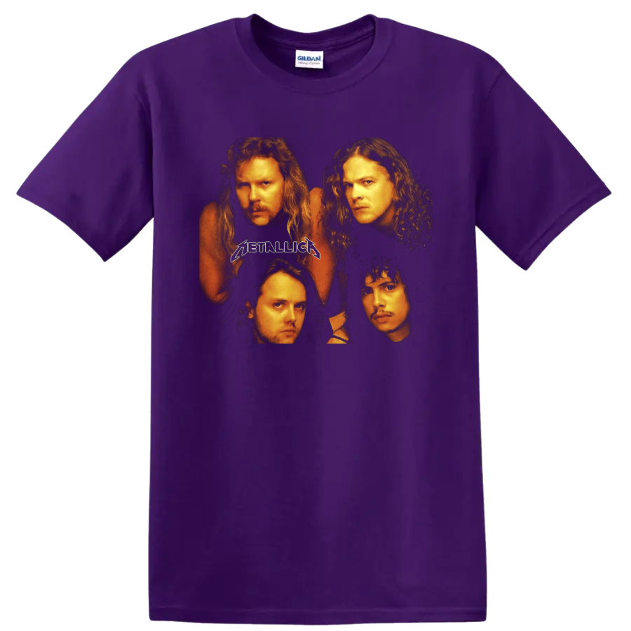 Metallica four-member portrait graphic with classic Metallica logo on a Purple T Shirt