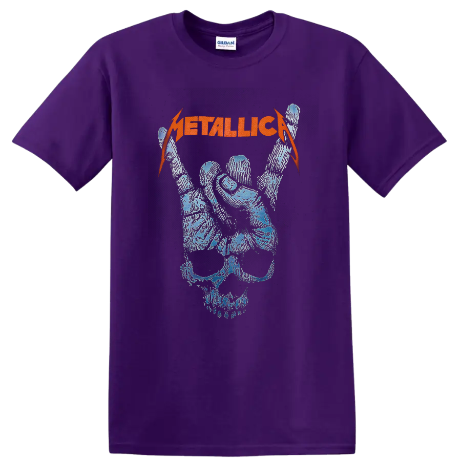 Metallica orange logo above a distressed blue skull with raised skeletal rock hand on a Purple T Shirt