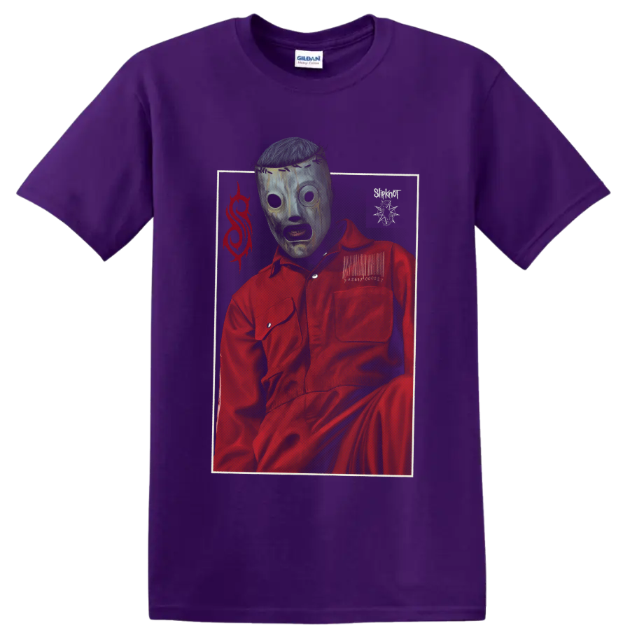 Corey Taylor Slipknot mask portrait in a red jumpsuit with distressed metal artwork on a Purple T Shirt