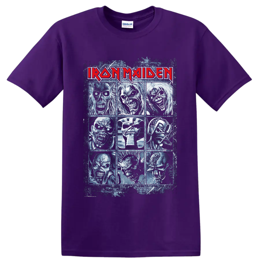 Iron Maiden Eddie the Head nine-portrait distressed heavy metal graphic on a Purple T Shirt