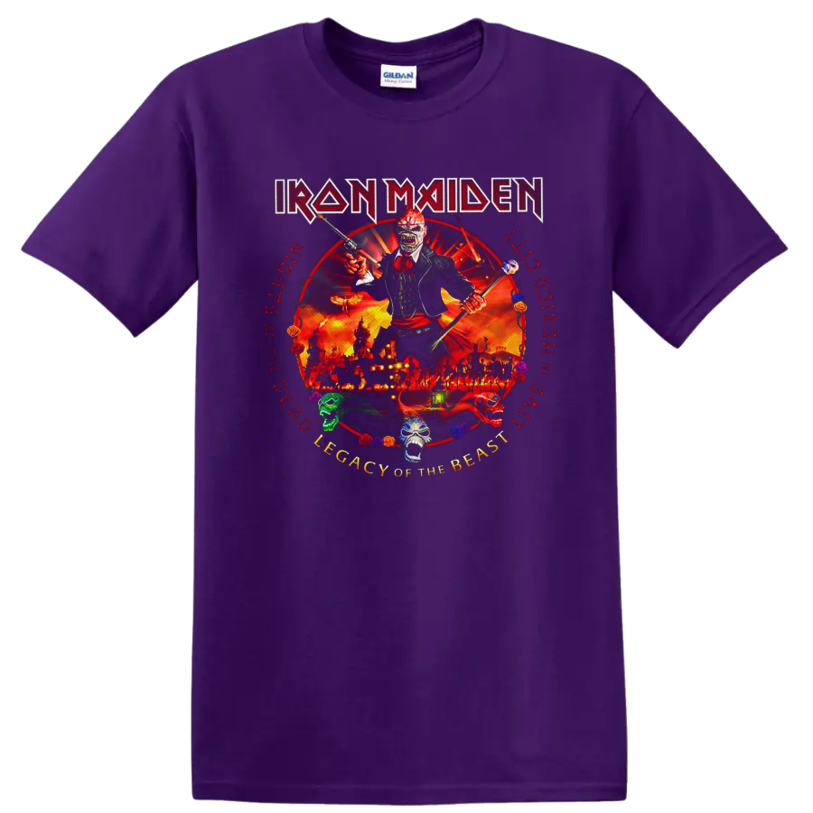 Iron Maiden Eddie in fiery Legacy of the Beast live artwork with skulls and roses on a Purple T Shirt