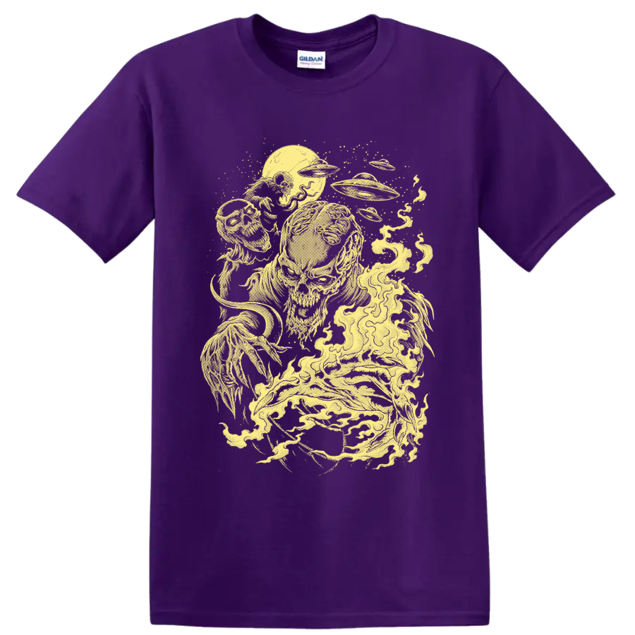 Pale-yellow alien zombie horror illustration with skull-like creatures and a flying saucer on a Purple T Shirt