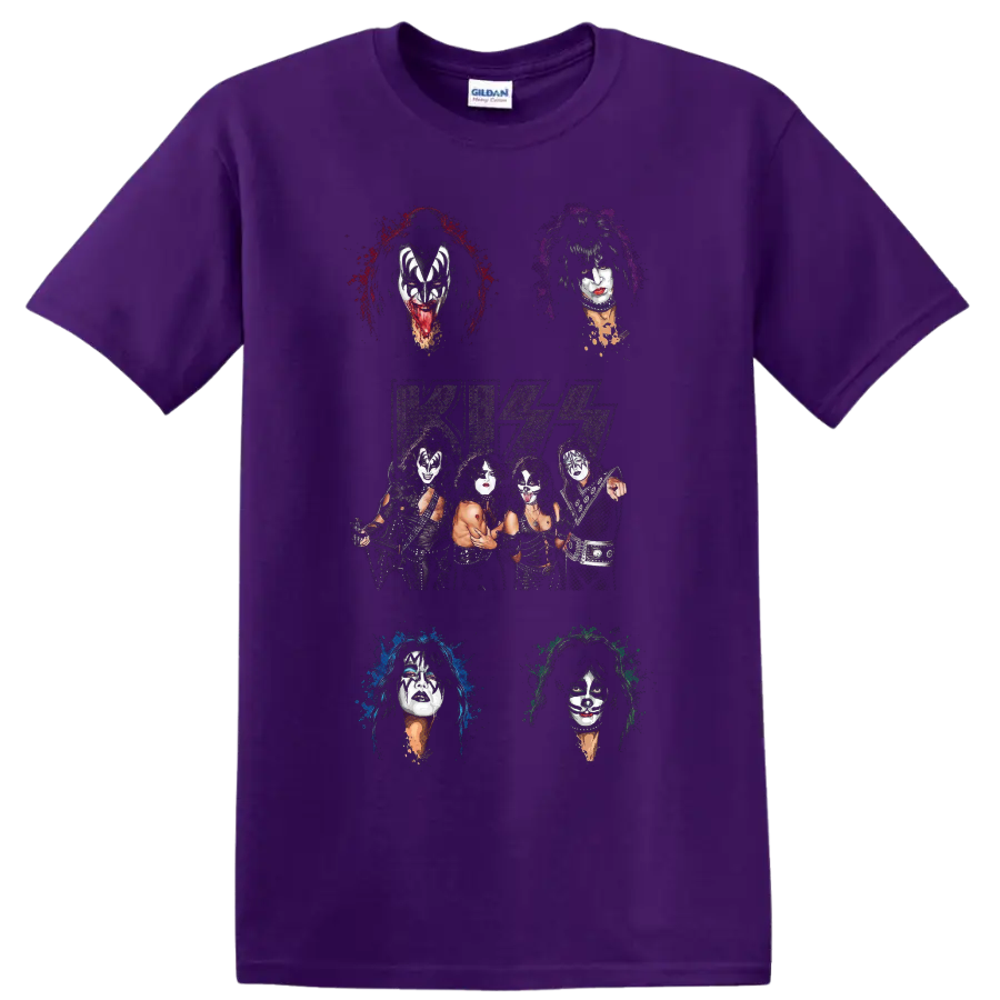 KISS original lineup portrait collage with logo and colorful paint-splatter halos on a Purple T Shirt