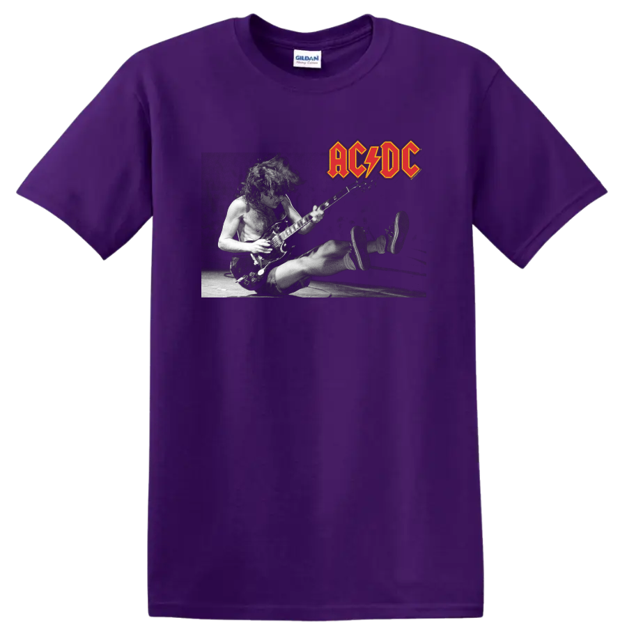 Angus Young playing guitar in a black-and-white live AC/DC concert design with band logo on a Purple T Shirt