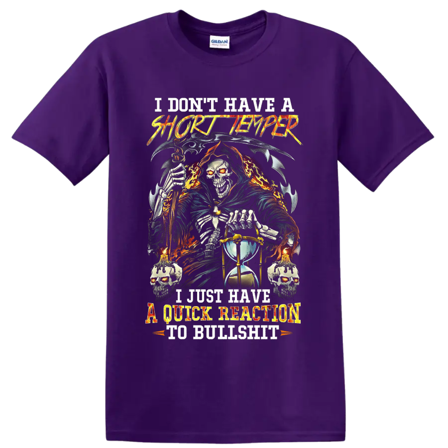 Grim Reaper with scythe, hourglass, skulls, and sarcastic gothic quote on a Purple T Shirt