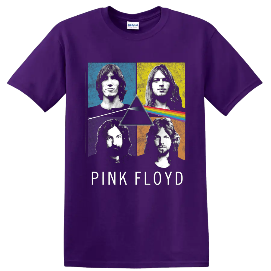Pink Floyd member portraits with Dark Side of the Moon prism and rainbow graphic on a Purple T Shirt