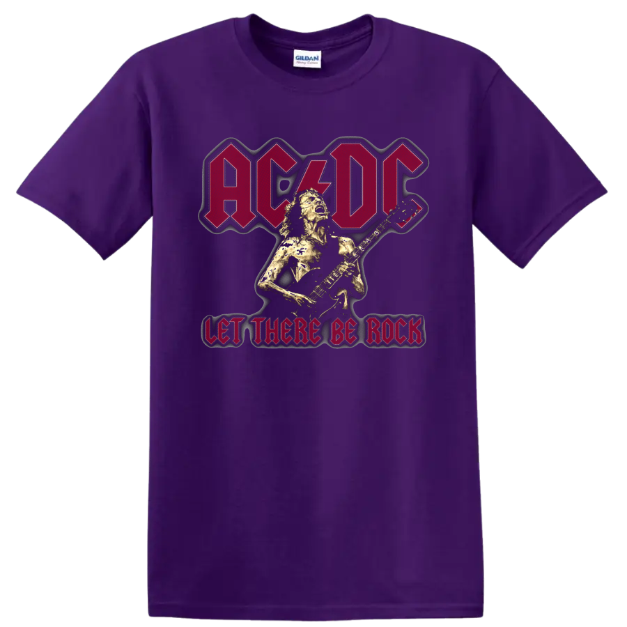 AC/DC Let There Be Rock graphic with Angus Young playing electric guitar on a Purple T Shirt