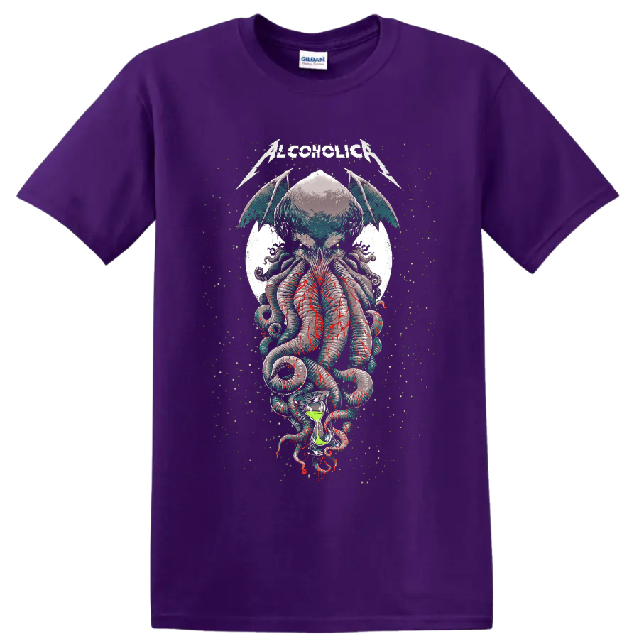 Alcoholica Cthulhu horror metal graphic with winged tentacles and hourglass on a Purple T Shirt