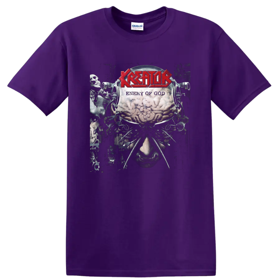 Kreator Enemy of God album art with red logo, brain, skulls, and mechanical horror imagery on a Purple T Shirt