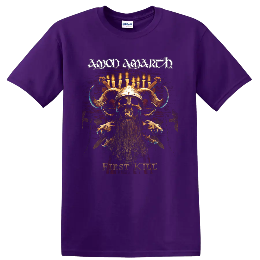 Amon Amarth First Kill Viking skull warrior graphic with horned helmet and candles on a Purple T Shirt