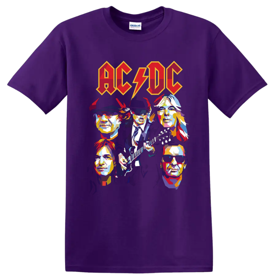 AC/DC pop-art band portraits with Angus Young playing guitar beneath lightning-bolt logo on a Purple T Shirt