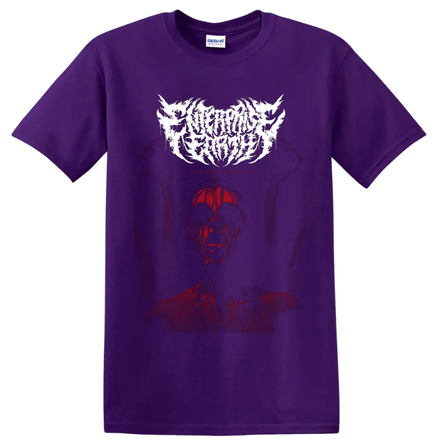 Enterprise Earth logo above a distressed red skull-like figure and This Hell My Home text on a Purple T Shirt