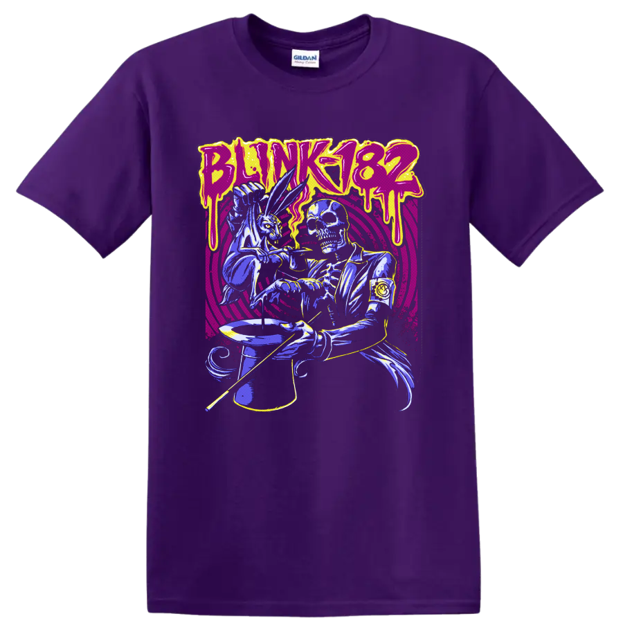 Blink-182 skeleton magician and rabbit with top hat in neon punk-horror art on a Purple T Shirt
