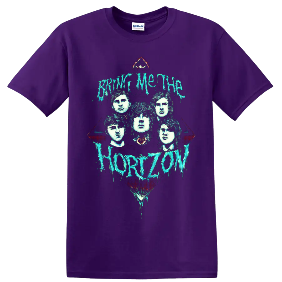 Bring Me the Horizon portraits with dripping turquoise text and gothic eye motif on a Purple T Shirt