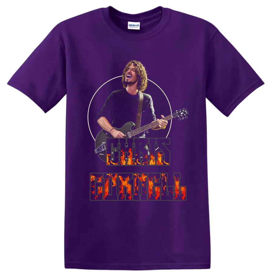 Chris Cornell guitar performance portrait with distressed flaming name lettering on a Purple T Shirt